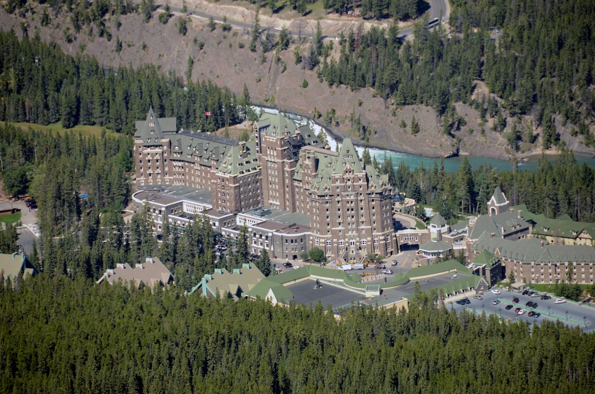 03 Banff Springs Hotel From Banff Gondola With Bow Falls and Surprise Corner Behind In Summer